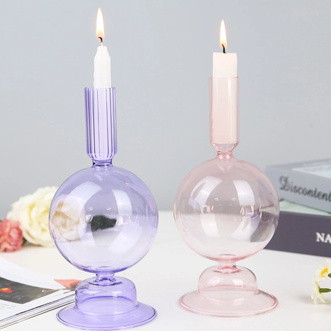 Glass Candle Holder Vintage Geometric Colorful Borosilicate Candlestick For Desktop Home Decor Party Wedding Dinner
