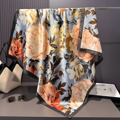 Grand Foulard Carré Imprimé Fleuri Satin Polyester Châle Protection Solaire Vintage Hijab Femme