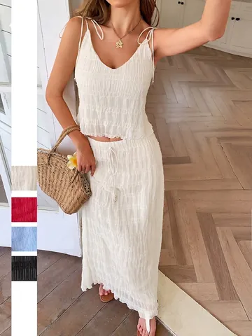 Top De Tirantes Y Falda Larga Para Mujer Con Textura Plisada Vacaciones Casual Color Sólido Ropa De Playa Elegante