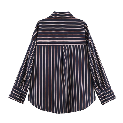 Women Vertical Striped Long Sleeve Shirt Polyester Button Down Lapel Casual Office Blouse Irregular Hem Navy Blue Fashion