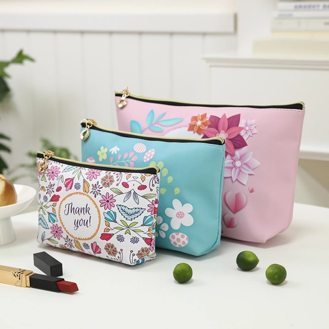 Cosmetic Bag PU Leather Waterproof Floral Printed Portable Travel Toiletry Makeup Organizer Pouch For Women Girls Cute