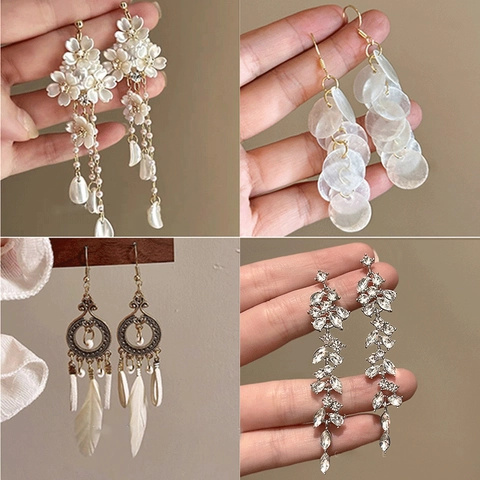Boheemse Bloem Kwastje Hanger Oorbellen Stof Acryl Strass Schelp Met Zilveren Oorsteker Voor Dames Zoete Sieraden