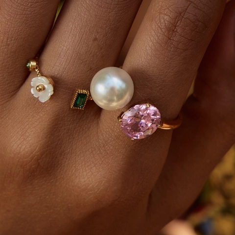 Stainless Steel Ring 18K Gold Plated Pink Zircon White Artificial Pearl Adjustable Open Geometric Minimalist Elegant Jewelry Women