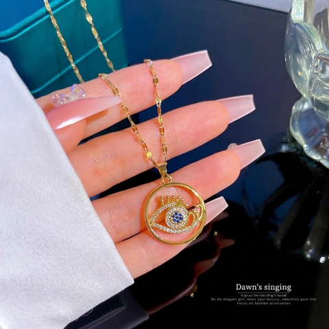 Evil Eye Pendant Necklace Titanium Steel Chain Micro Paved Copper Zirconia Blue Stone Eyelash Round Jewelry For Women