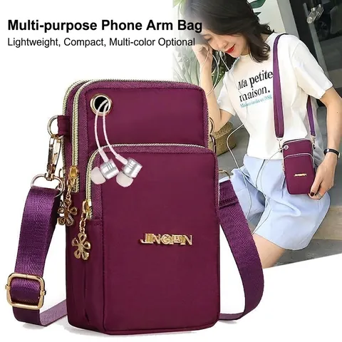 Bolso Bandolera Nailon Impermeable Mujer Bolsa Teléfono Múltiples Bolsillos Cremallera Orificio Auriculares Para Viaje Exterior