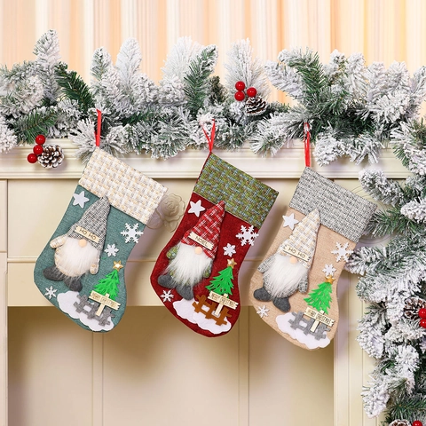 Christmas Stockings Burlap Polyester Felt Gnome Faceless Doll Snowflake Tree Fireplace Decor Hanging Gift Bag Rustic