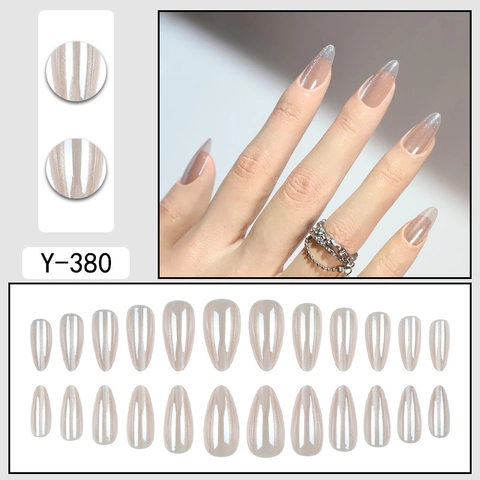 Ψεύτικα Νύχια Αμύγδαλο Press On Cat Eye Glitter Gradient Nude Ασημί Μανικιούρ Για Γυναίκες