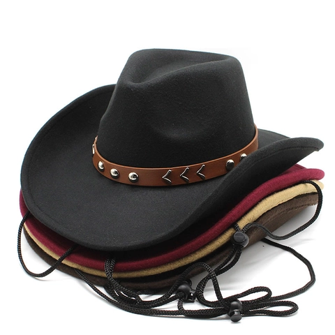 Sombrero De Vaquero Occidental Fieltro De Lana Ala Ancha Cinturón De Cuero Con Remaches Cordón Ajustable Fedora Unisex