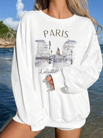 Women Sweatshirt Casual Round Neck Long Sleeve Loose Fit Pullover Paris City Print Cotton Polyester