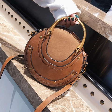 Women Round Crossbody Bag PU Leather Suede Patchwork Metallic Handle Rivet Retro Circular Shoulder Handbag