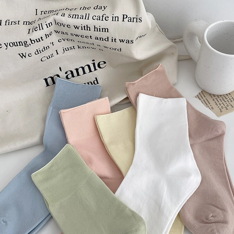 Women Combed Cotton Crew Socks Ribbed Cuff Breathable Solid Color Macaron Casual Soft Daily Wear