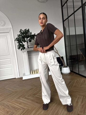 Women's Short Sleeve Rib Knit Polo Shirt Cotton Blend Lapel Collar Slim Fit Retro Streetwear Solid Color Brown
