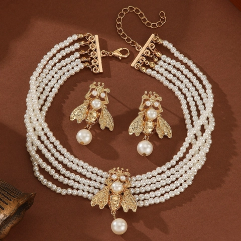 Motivo Animale Ape Imitazione Perla Artificial Collana Multistrato E Orecchini Lega Tonalità Oro Gioielli Di Moda Per Donne Elegante