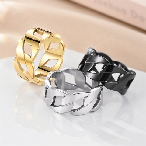 Titanium Steel Hollow Chain Link Ring For Men Women Unisex Punk Cuban Link Band Ring Minimalist Personalized Jewelry Gift