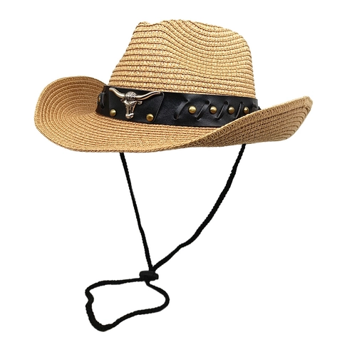 Vintage Western Cowboy Hat Straw Woven Breathable Sunshade With Metal Bull Head Decor PU Leather Band Adjustable Chin Strap