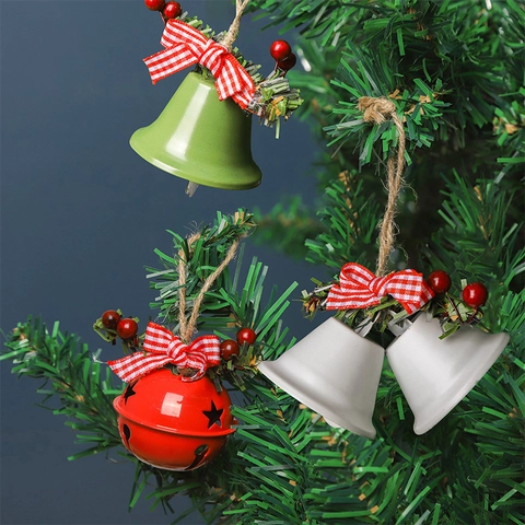 Christmas Metal Hanging Bell Ornaments With Plaid Bows Pine Needles Berries Star Cutouts Festive Holiday Tree Decor
