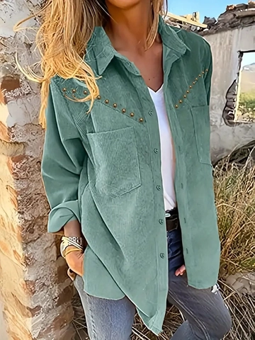 Women Corduroy Shacket Jacket Long Sleeve Rivet Studded Flap Pocket Button Down Casual Vintage Solid Tops