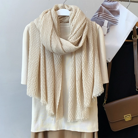Solid Color Crinkle Scarf Pleated Polyester Lightweight Sun Protection Shawl Vintage Style Elegant Wrap For Women