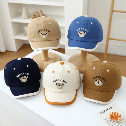 Casquette De Baseball En Coton Pour Tout-Petits Chapeau De Soleil Broderie Ours Bord Contrasté Accessoire Décontracté