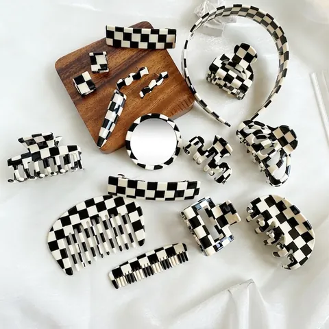 Checkerboard Hair Claw Clip Black White Acetate Hairpin Rectangular Shark Clip Retro Fashion For Women