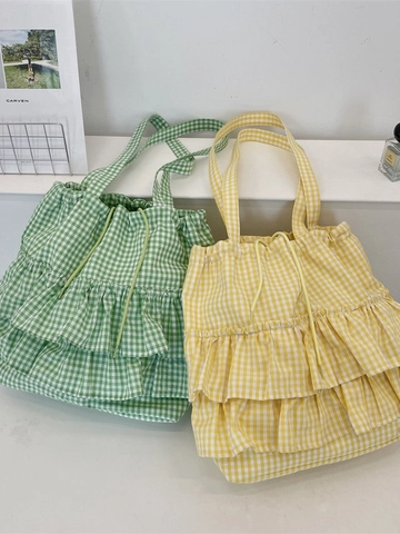 Gingham Plaid Ruffle Tote Bag Polyester Drawstring Lightweight Cute Korean Style Shoulder Bag For Women