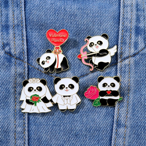 Set di Spille in Smalto a Forma di Panda Cartone Animato per Matrimonio San Valentino Simpatico Distintivo Animale in Lega Gioielli Romantici
