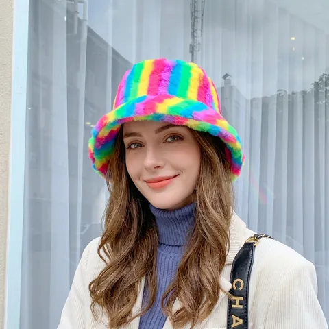 Cappello da Pescatore in Peluche Arcobaleno Invernale per Donna Caldo Velluto Tie Dye a Righe All'aperto Berretto Casual