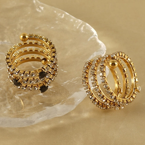 Spiral Mehrreihiger Ring Edelstahl 18K Vergoldet Zirkonia Herz Zirkon Verstellbar Modischer Schmuck Für Damen