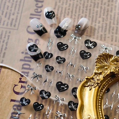 3D Relief Nail Art Stickers Heart Bow Metallic Silver Black DIY Self Adhesive Vintage French Punk Manicure Decoration TL351