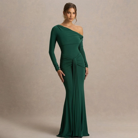 Damen Elegant Ein Schulter Langarm Gerafft Bodycon Maxi Kleid Meerjungfrau Abend Party Formale Robe Einfarbig Schlankes Kleid