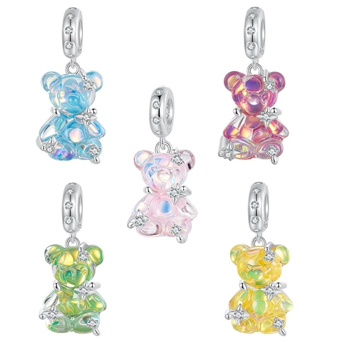 925 Sterling Silver Dreamy Iridescent Bear Pendant Charm For DIY Bracelet Necklace Making With Zirconia Resin Star Jewelry