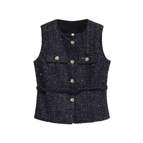 Chaleco Elegante de Tweed para Mujer Con Cinturón Botones Dorados Cuello Redondo Sin Mangas Casual Formal Oficina Fiesta Top
