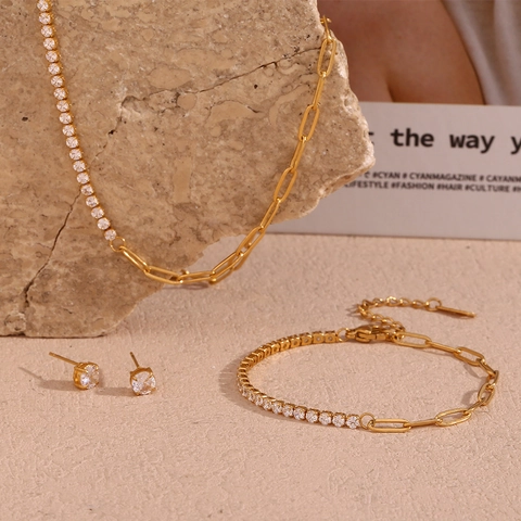 Gold Plated Stainless Steel Paperclip Zircon Tennis Spliced Chain Necklace Bracelet And Earrings For Women Trendy Jewelry