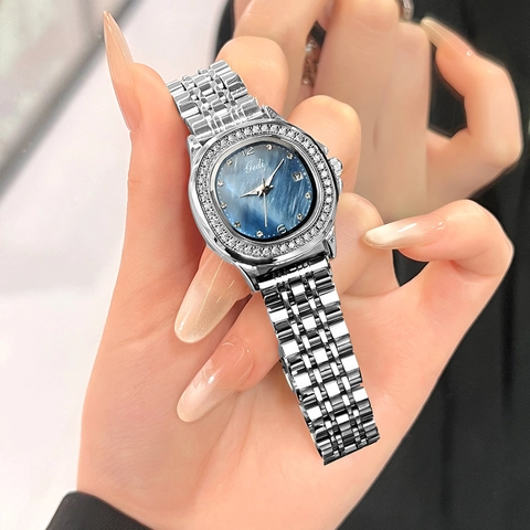 Gedi Luxury Women Quartz Watch Stainless Steel Strap Rhinestone Bezel Mother Of Artificial Pearl Dial Waterproof Date Wristwatch