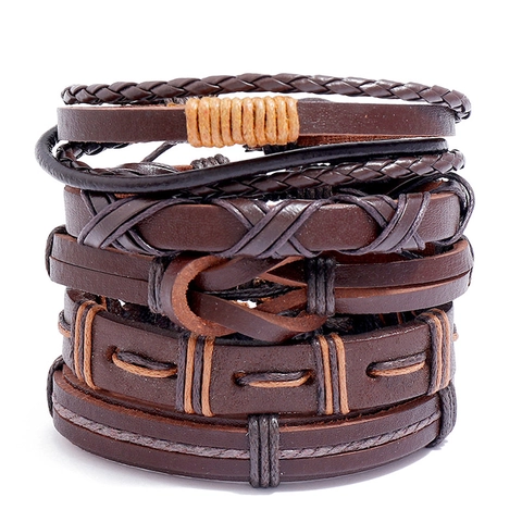 Pulsera De Cuero Artificial Trenzado Retro Cordón Encerado Multicapa Punk Joyería Accesorios Para Hombres Marrón Nudo Ajustable