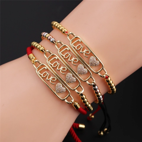 Love Heart Adjustable Bracelet Copper Gold Plated Zircon Braided Rope Trendy Jewelry For Women