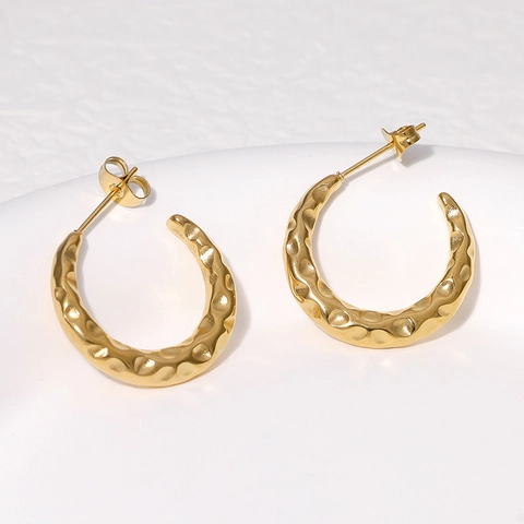 Hammered Stainless Steel C Shaped Hoop Earrings For Women Minimalist Vintage Geometric Gold Plated High End Jewelry