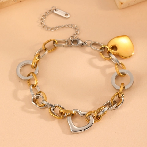 Bracciale Catena Spessa Con Pendente A Cuore Acciaio Inossidabile Oro Argento Contrasto Colore Gioielli Donna