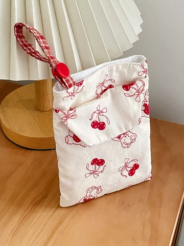 Cute Rabbit Nurse Canvas Pencil Case Red Cherry Bow Print Stationery Pouch Japanese Style Red Check Strap Button Closure