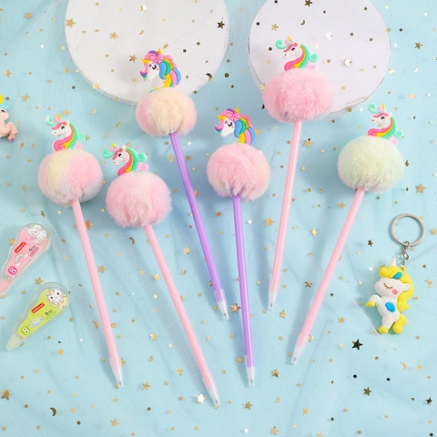 Unicorn Ballpoint Pen With Colorful Plush Pom Pom Faux Fur Topper Cute Cartoon Novelty Stationery Gift For Students