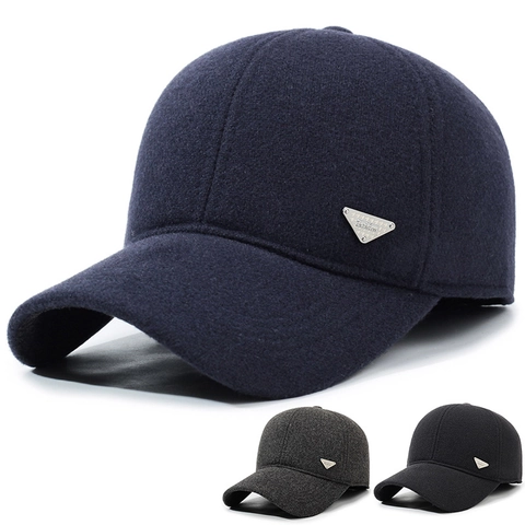 Casquette De Baseball Homme Hiver Protection Oreilles Épaisse Chaude Mélange Laine Badge Métallique Triangle Réglable Extérieur