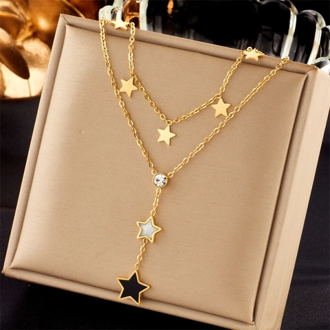 Halskette Damen Doppelreihig Titanstahl Stern Anhänger Elegant Strass Quaste Schlüsselbein Kette Gold Schmuck Koreanischer Stil