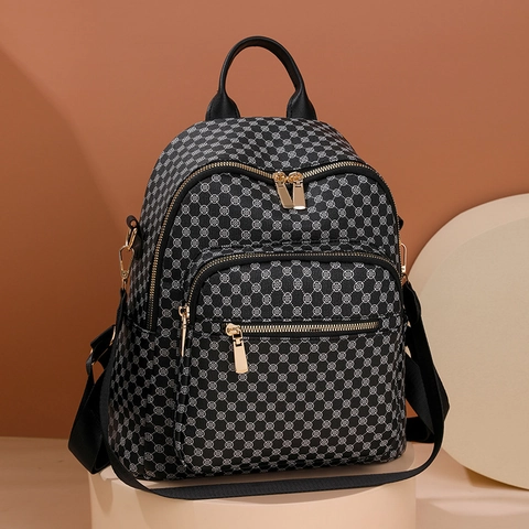 Fashionable Women PU Leather Backpack Large Capacity Waterproof Travel School Bag With Monogram Clover Pattern Print