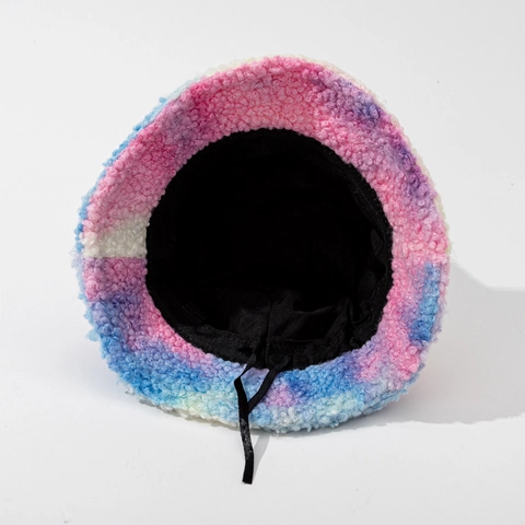 Winter Bucket Hat Faux Fur Warm Soft Plush Tie Dye For Women Outdoor Windproof Adjustable