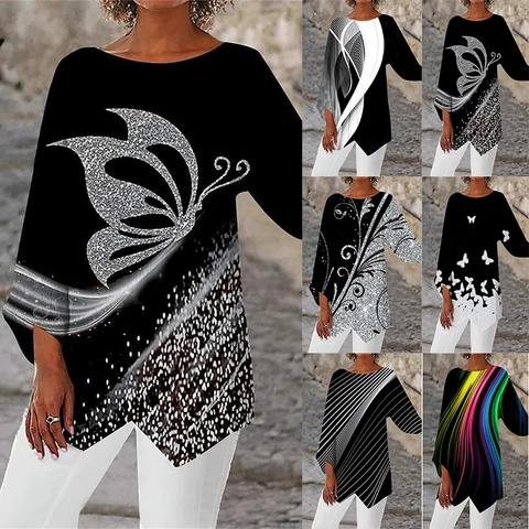 Camiseta de Mujer Casual con Estampado de Mariposa Geométrico Manga Larga Cuello Redondo Dobladillo Asimétrico Top de Talla Grande Primavera Verano