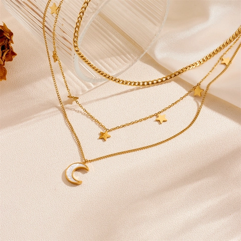 Layered Necklace Stainless Steel Star Moon Pendants White Inlay Gold Tone Elegant Niche Design Jewelry For Women