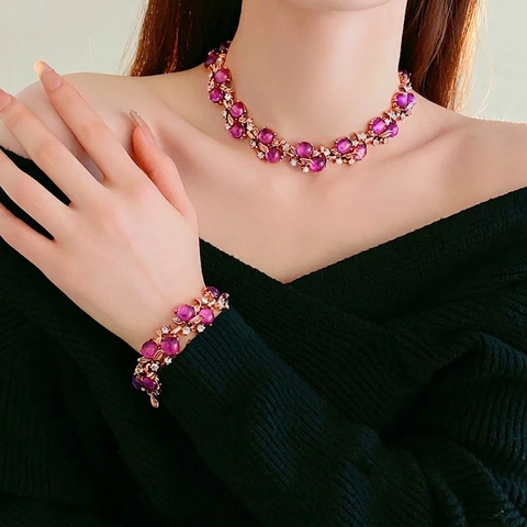 Vintage Legierung Lila Harzperlen Halskette Armband Strass Ohrringe Mit Silver Earring Post Blumenblatt Beeren Design