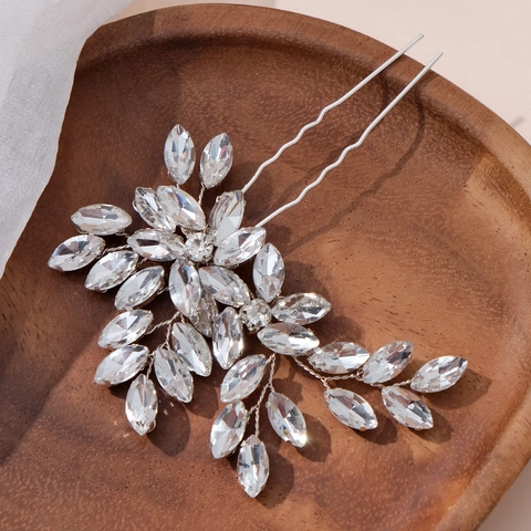 Bruid Haarspeld Strass Bladvorm U-Vormige Vork Elegant Handgemaakt Koperdraad Bruiloft Feest Accessoires Voor Dames Zilver