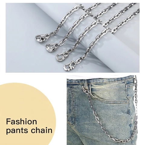 Stainless Steel Pant Chain With Skull Head Clasp Punk Rock Style Men Jeans Accessory Heavy Duty Metal Link