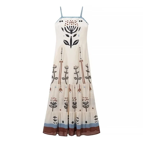 Damen Boho Floral Mesh Maxi Kleid Spaghettiträger Stufenrock Sommer Strand Elegant Ärmelloses Langes Kleid